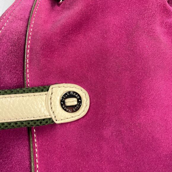 Cole Haan Fuchsia Suede Shoulder Bag Olive Trim Leather Strap Boho Slouchy Tote - Picture 4 of 14